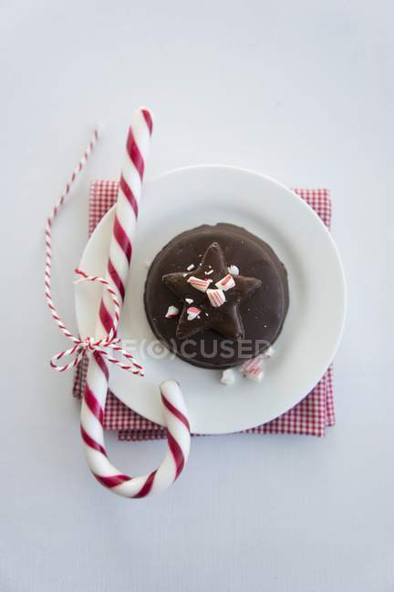 Chocolate torte with a candy cane — Stock Photo