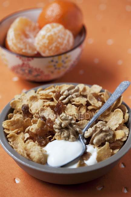 Cornflakes aux noix et raisins secs — Photo de stock