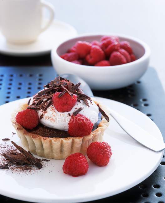 Closeup view of chocolate torte with cream and raspberries — Stock Photo