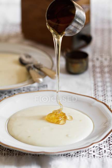Miele gocciolato sul porridge — Foto stock