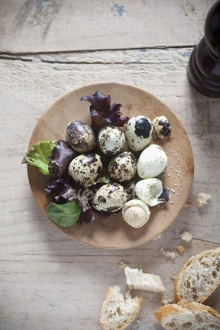Перепелиные яйца на деревянной тарелке — стоковое фото