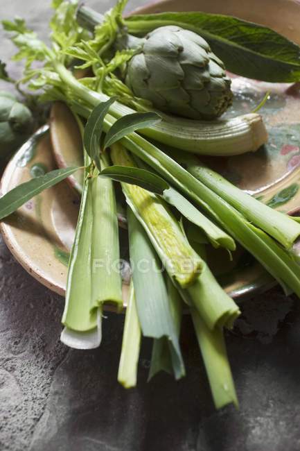 Artichoke with leek and celery — Stock Photo