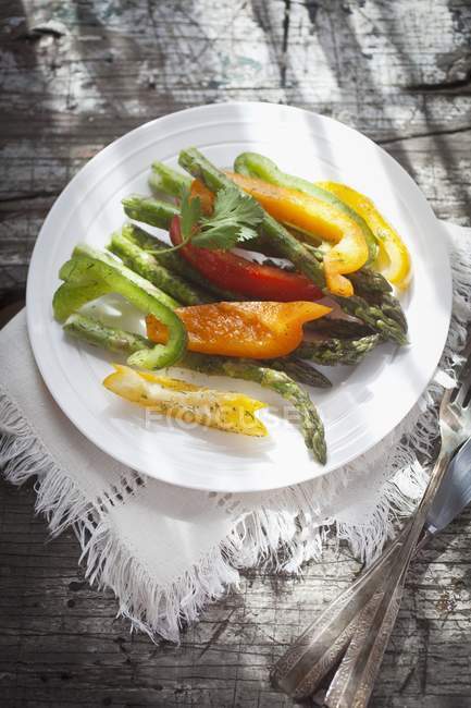 Ensalada de verduras con espárragos y pimientos en plato blanco sobre toalla - foto de stock
