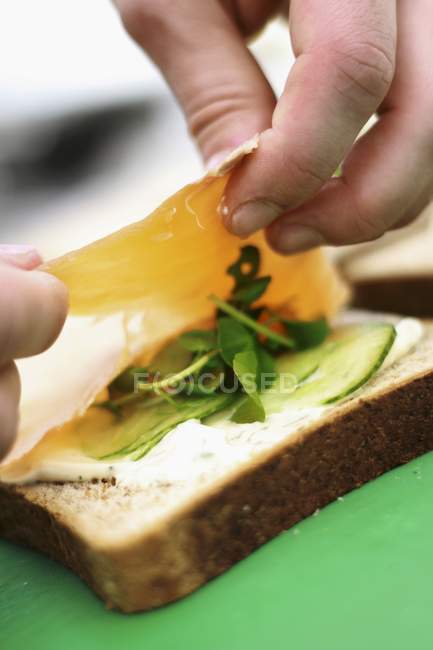 Sanduíche com salmão fumado — Fotografia de Stock