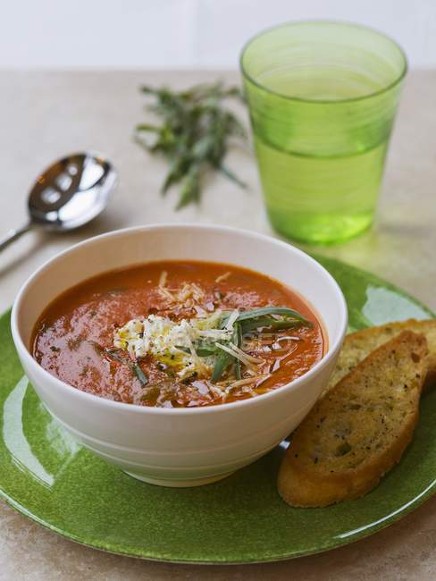 Tomato soup with tarragon and grated cheese — Stock Photo
