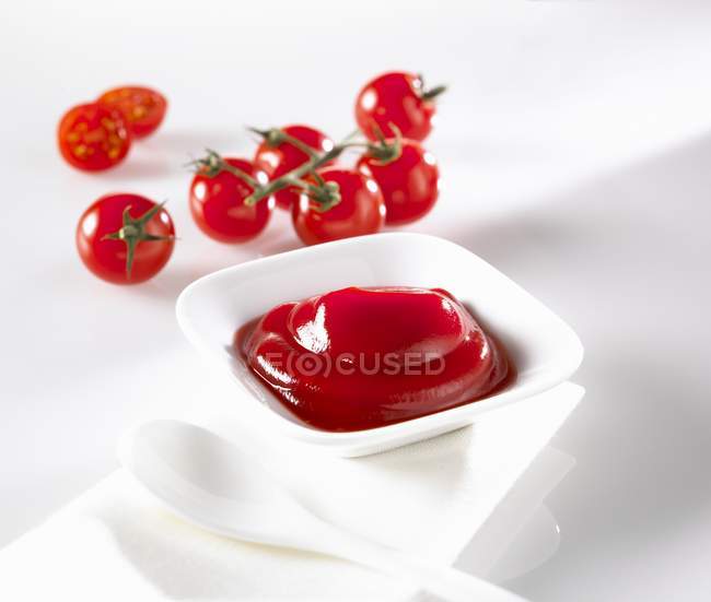 Ketchup in a dish with a spoon — Stock Photo