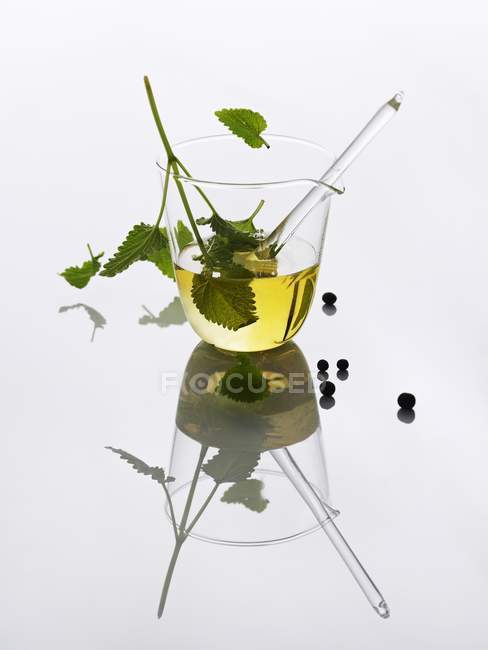 Olio vegetale fatto in casa in una ciotola di vetro riflesso in una superficie luminosa — Foto stock