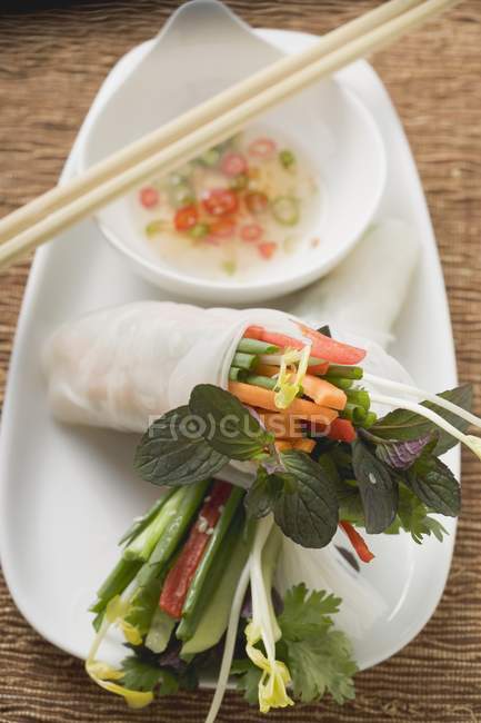 Rollos de papel de arroz con relleno vegetal - foto de stock