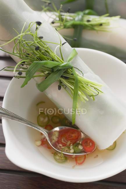 Rollos de papel de arroz con salsa de chile - foto de stock