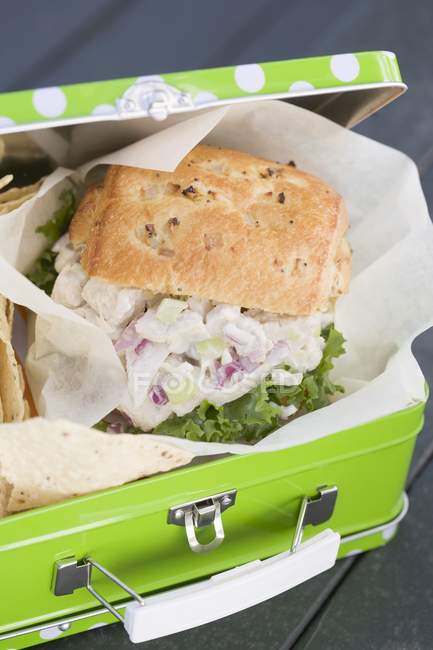 Closeup view of chicken sandwich and crisps in lunch box — Stock Photo