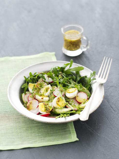 Rocket salad with cucumber, radishes, quail's eggs and a mustard vinaigrette — Stock Photo