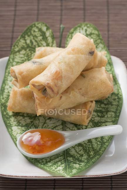 Spring rolls on leaf with a chilli sauce on spoon — Stock Photo