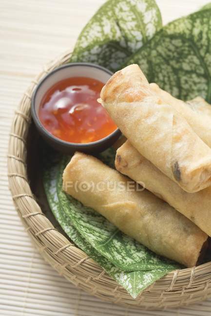 Closeup view of spring rolls and chilli sauce on leaves in basket — Stock Photo