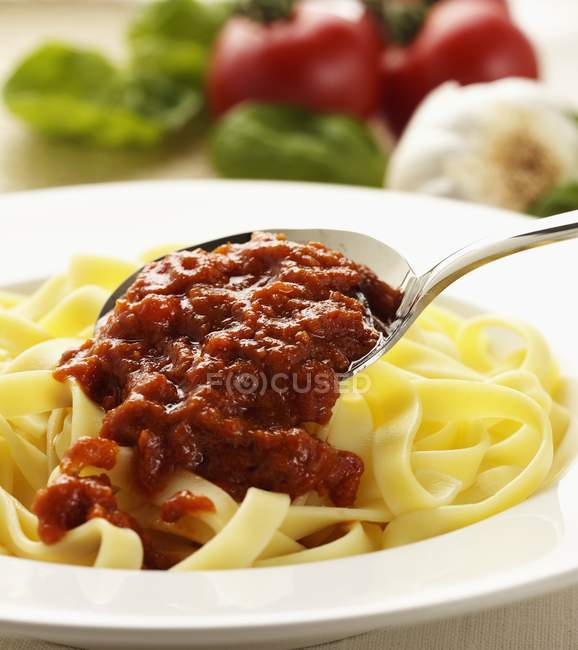 Ribbon pasta with sauce — Stock Photo