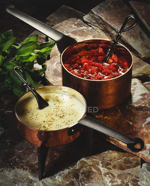 Cheese sauce and tomato sauce — Stock Photo