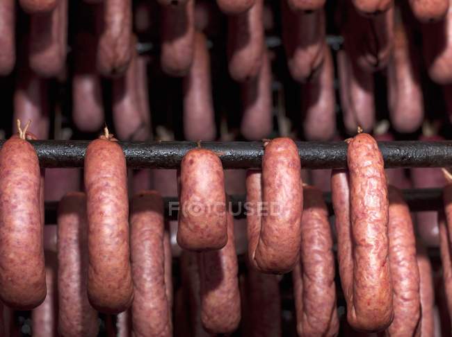 Meat Sausages hanging — Stock Photo