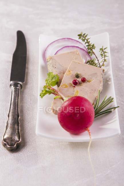 Closeup view of goose liver pate with radish — Stock Photo