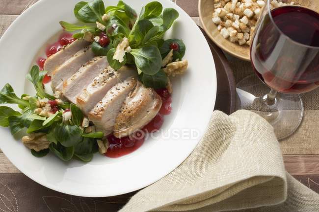 Closeup view of pheasant breast with cranberry sauce and corn salad — Stock Photo