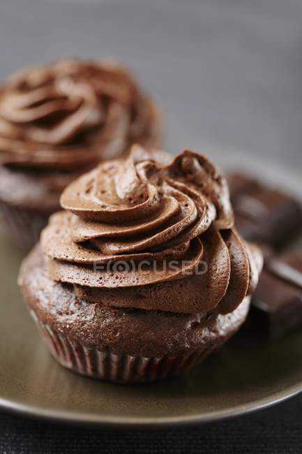 Chocolate cupcake on tray — Stock Photo