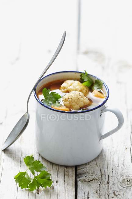 Vegetable soup in enamel cup — Stock Photo