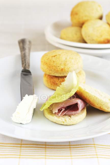 Potato scones with ham — Stock Photo