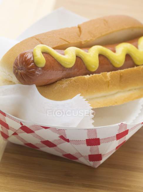 Hot dog with mustard in paper dish — Stock Photo