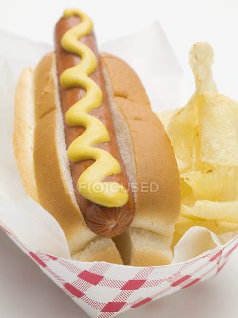 Hot dog and crisps in paper dish — Stock Photo