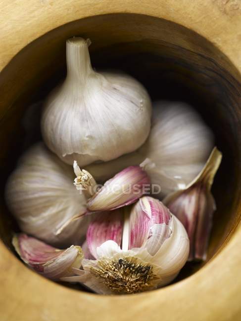 Garlic bulbs in mortar — Stock Photo