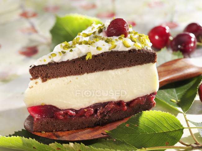 Closeup view of Black Forest gateau with chopped pistachios — Stock Photo