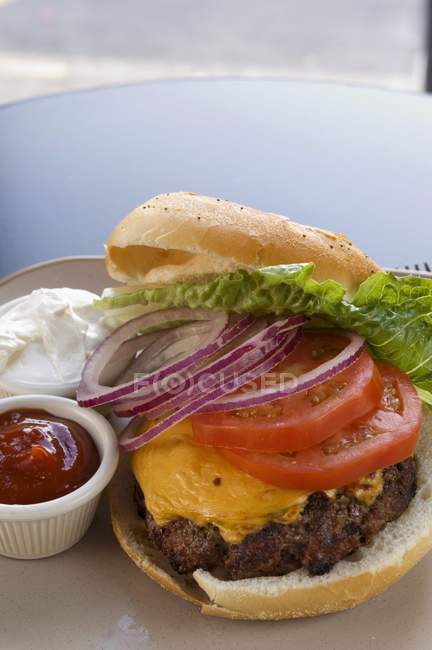 Cheeseburger mit Zwiebeln und Salat — Stockfoto