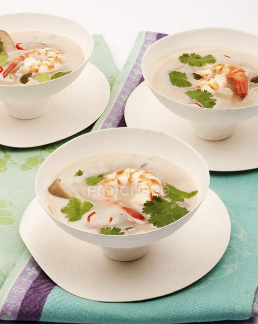 Elevated view of prawn soup with coriander in bowls — Stock Photo