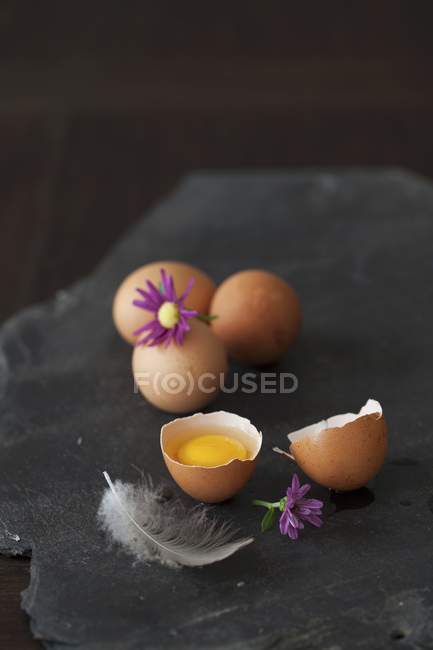 Vue surélevée sur des œufs entiers et fissurés avec une plume et des fleurs sur une pierre noire — Photo de stock