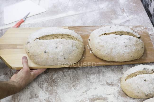 Mão segurando bandeja de madeira com pães — Fotografia de Stock