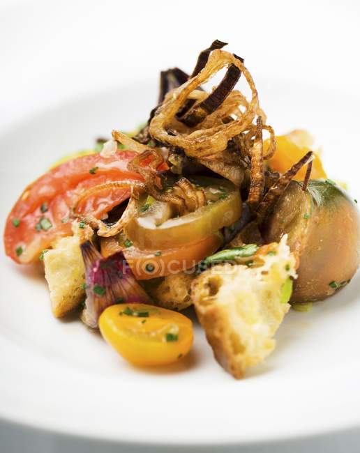 Хлебный салат с карамельными луковыми кольцами на белой тарелке — стоковое фото