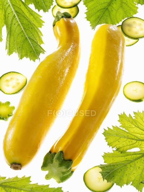 Zucchine gialle con fette e foglie — Foto stock