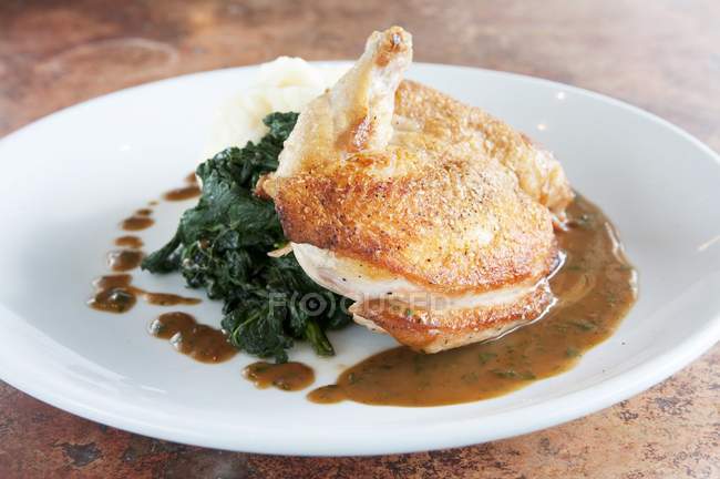 Roasted Chicken with Wilted Spinach — Stock Photo
