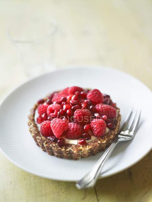 Raspberry tartlet on white plate — Stock Photo