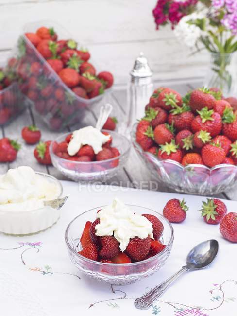Erdbeeren mit Schlagsahne — Stockfoto