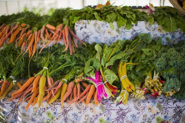 Verduras de raíz, verduras de hoja y coles en un puesto de mercado - foto de stock