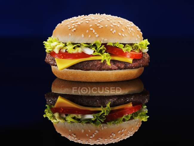 Cheeseburger con pomodori e insalata — Foto stock