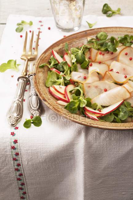 Closeup view of swordfish Carpaccio with apple in bowl — Stock Photo