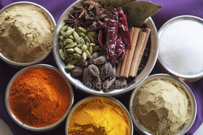 A Variety of Spices in bowls over purple surface — Stock Photo