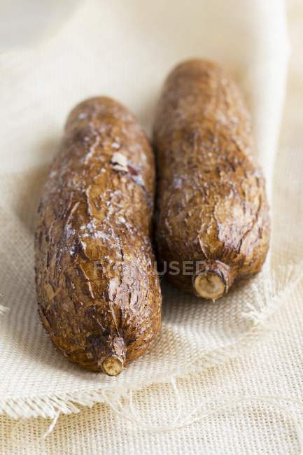 Vue rapprochée de deux racines de manioc sur tissu — Photo de stock