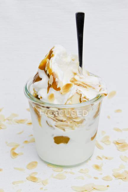 Vista de primer plano del yogur helado con almendras rebanadas - foto de stock