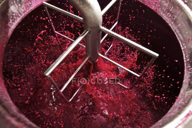 Closeup view of airing red wine mash with a mixer and a pump — Stock Photo