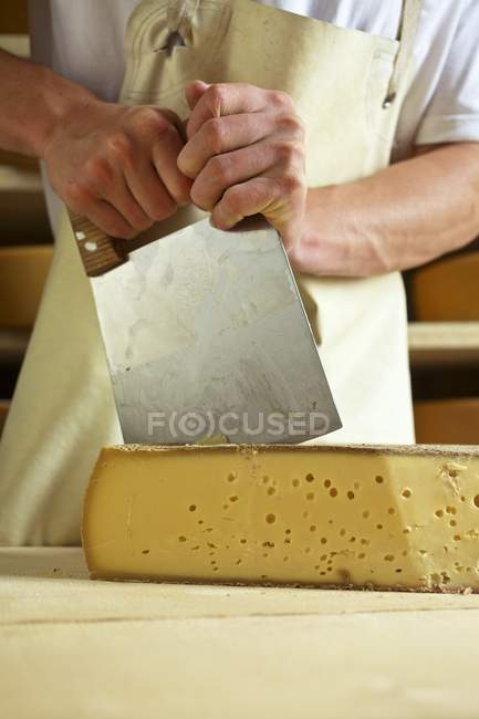 Dairyman cutting cheese — Stock Photo