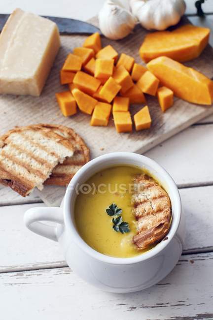 Sopa de calabaza de mantequilla con pan a la parrilla - foto de stock
