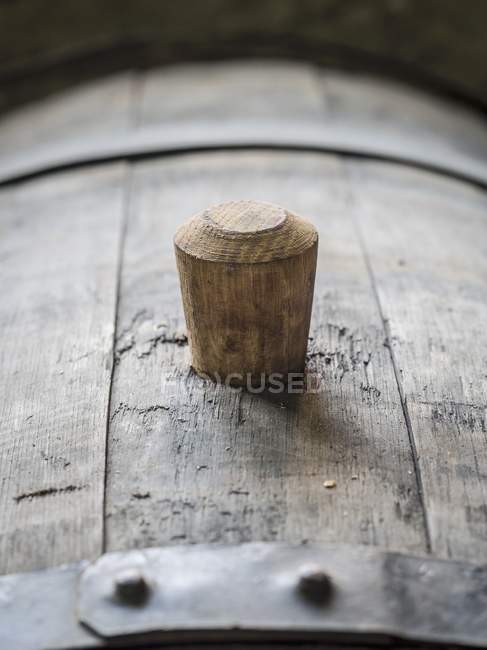 Vista close-up de um barril de carvalho com um bung de madeira — Fotografia de Stock