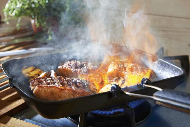 Rump steak being fried — Stock Photo