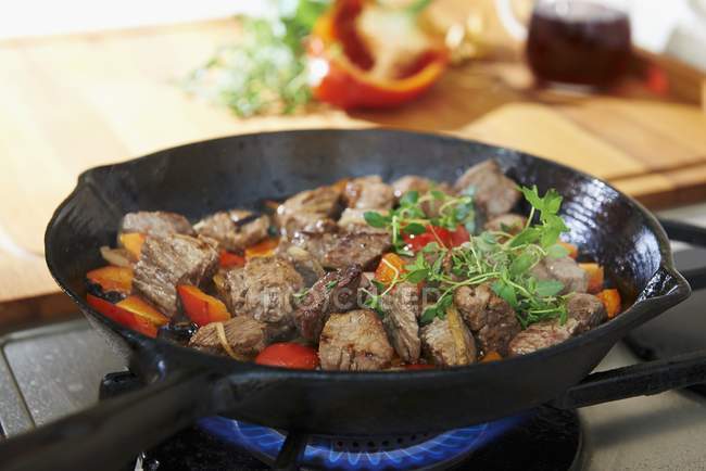 Beef goulash in pan — Stock Photo